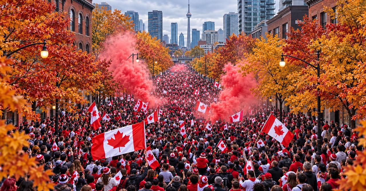 Illustrative autumn street gathering with Canadian flags